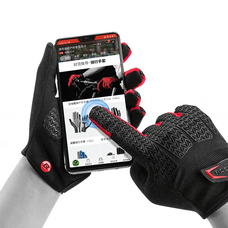 ROCKBROS Touch Screen Men Cycling Gloves Autumn Winter Windproof MTB Bike Bicycle Gloves GEL Pad Shockproof Full Finger Mittens