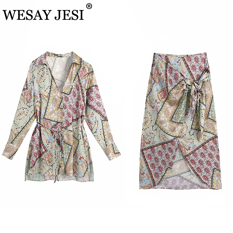 

WESAY JESI Women's Clothing TRAF Suits With Skirt Belt Slim Shirts Vintage Print Knotted High Waist Skirt Two Piece Set Women
