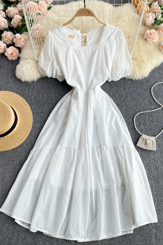 

2021 New Summer Vestidos Women's Sweet Lace Square Collar Age-reducing Puff Sleeve French Midi Dress