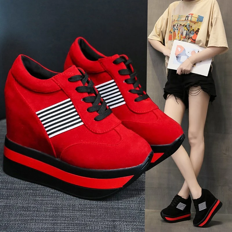 

Women Comfortable Casual Shoes Autumn Lace Up Striped Mixed Colors Increasing Internal Height Sneakers 10cm