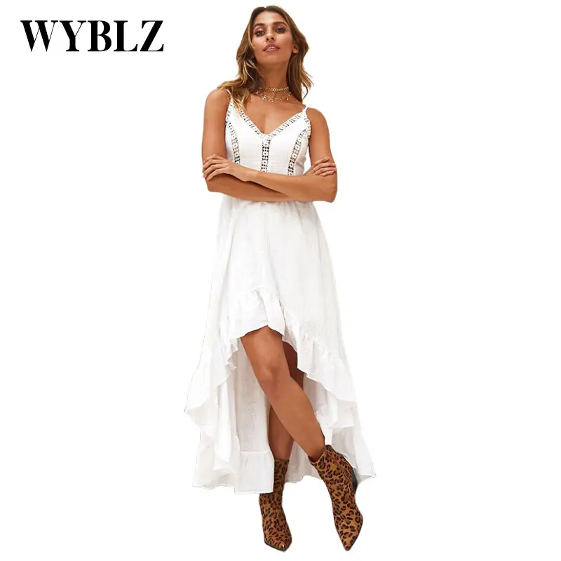 

WYBLZ Sexy White Sleeveless Lace Dress Women Summer Elegant Beach Dresses Club Hollow Out Bohemian Long Backless Sundress 2020