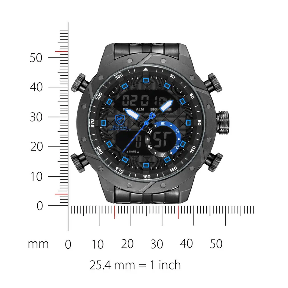 

SHARK Luxury Brand Men Military Sport Watch Men Quartz Hour Alarm LCD Analog Digital Watch Male Black Steel Strap Clock /SH591