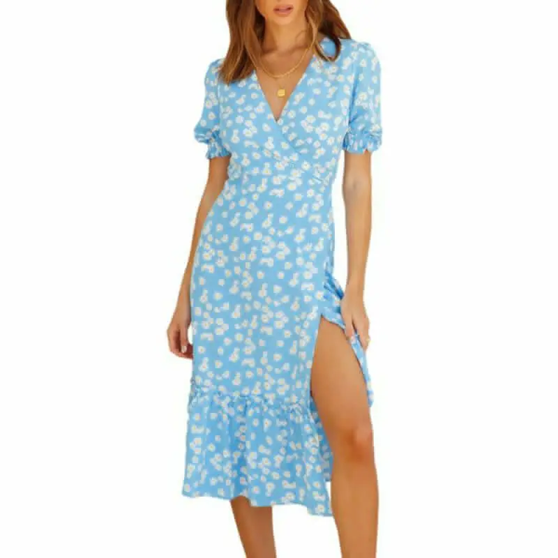 

Women's Ruffle Casual Loose V-Neck Side Slit Maxi Dress Sundress Summer Beach
