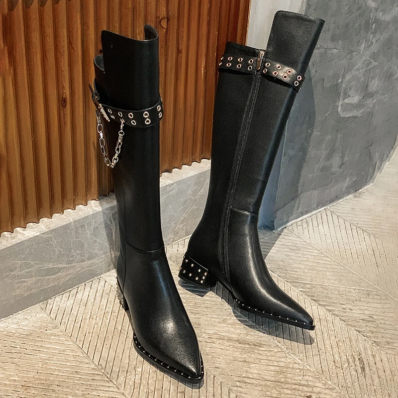 

Fashion Metal Chain Rivet Women's Long Boots Autumn Winter New Casual Female Shoes Leather Belt Buckle Square Heel Ladies Boots