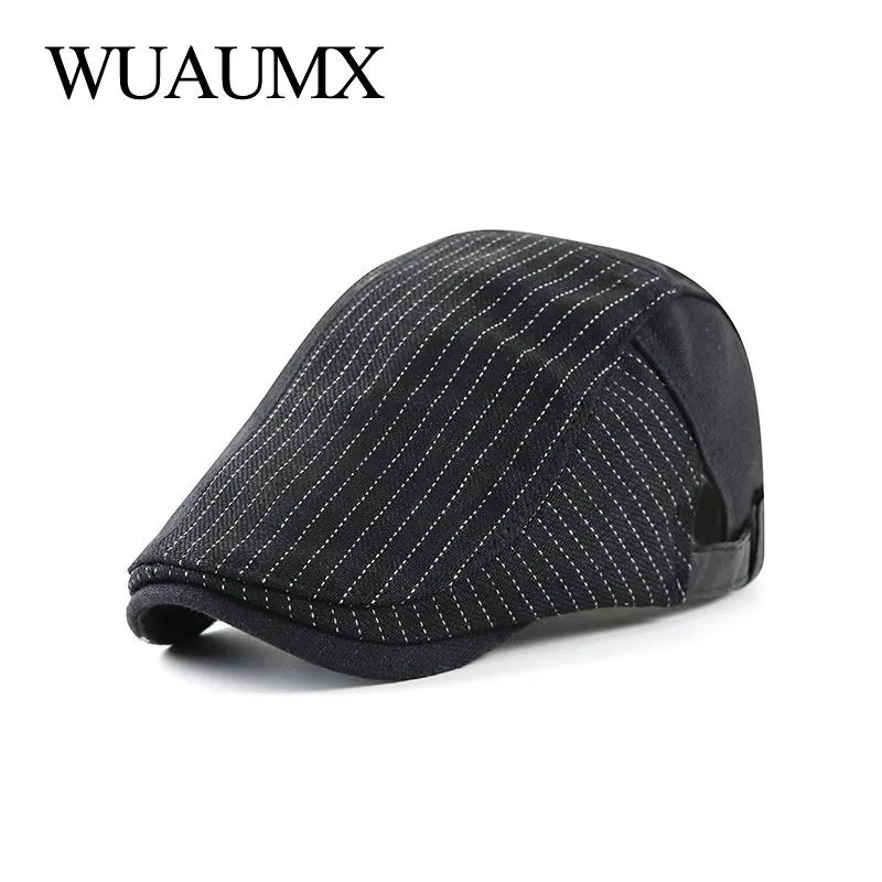 

Wuaumx Cotton Linen Beret Hat For Men British Peaked Cap Artist Painter Hat Women Striped Herringbone Cap Forward Newsboy Hat