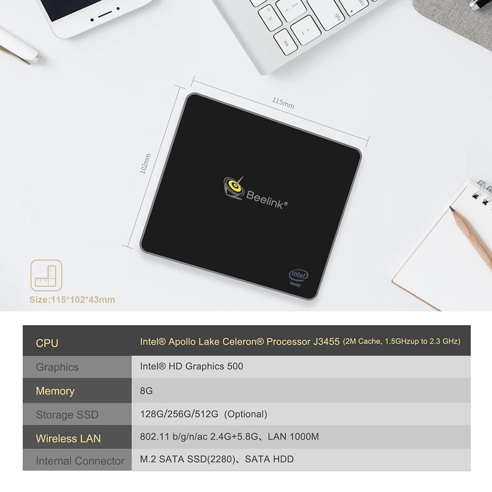 Мини ПК Beelink J34 Windows 10 8 ГБ +/256/512 Гб SSD 2 4 ГГц + 5 Wi Fi BT4.0 поддержка быстрой зарядки * HDMI