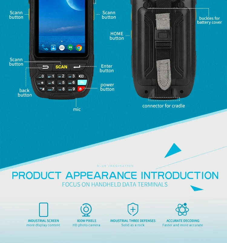 Android 7,0 Ручной терминал сбора данных с 1D Wifi BT 4G gps PDA(1D камера Колыбель батареи