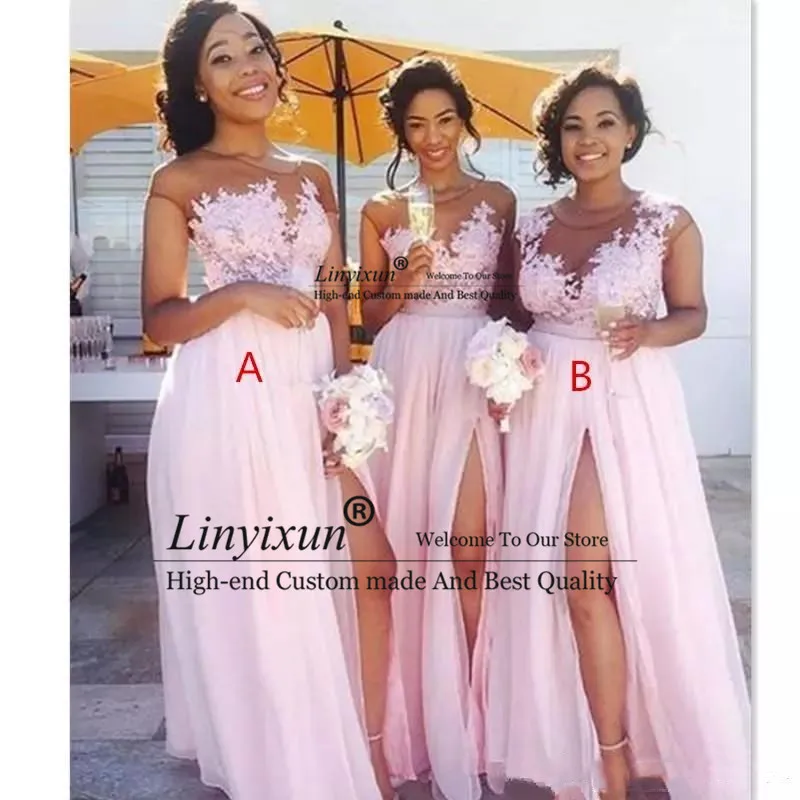 

2021 cheap Chiffon blush pink Bridesmaid Dresses Appliqued Illusion Bodice Sexy Split Summer Black Women Maid Of Honor