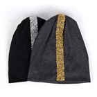 Женские хлопковые шапки золотистого цвета, облегающие шапки, Повседневные шапки, мешковатые теплые шапки с ушками для женщин, женская однотонная облегающая шапка с напуском