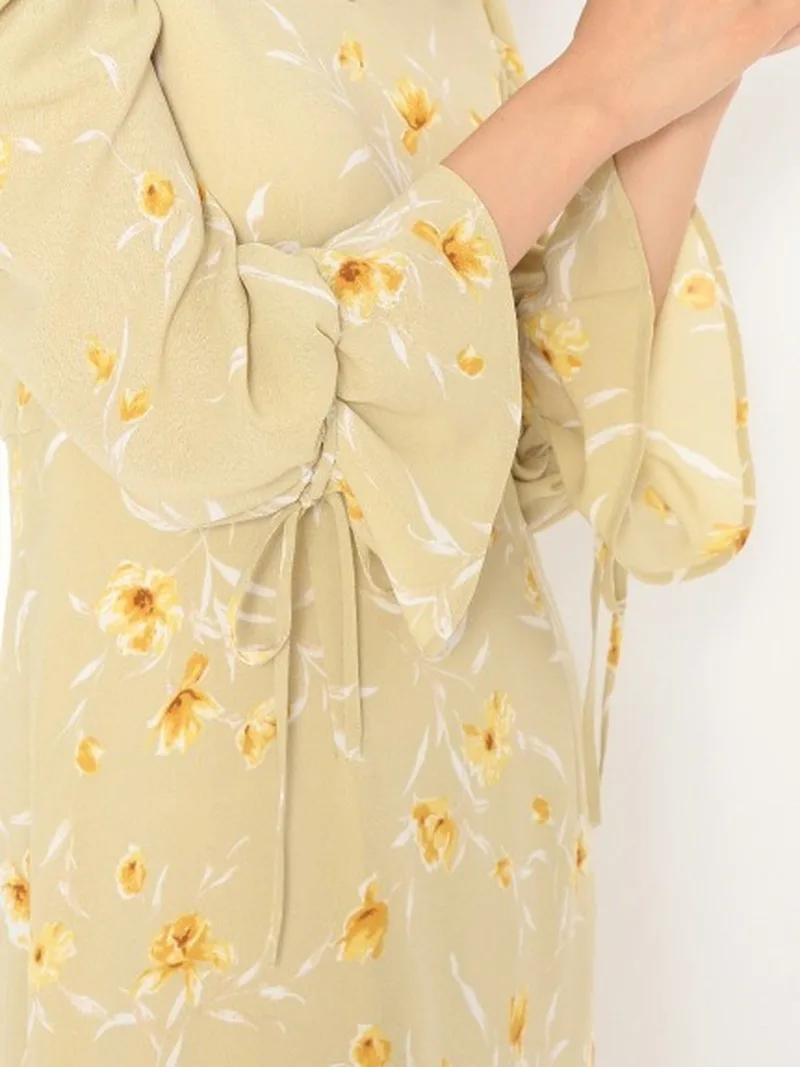 

Chic Drawstring Print Women Dresses Fresh V Neck High Waist Chiffon Dress Elegant Office Lady Puff Sleeve Vestidos