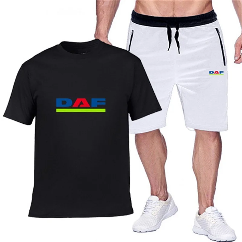 

Summer New DAF Logo Men Suit 100% Cotton Round Neck Large Size T-shirt Personalized Zipper 5 Shorts Sports Workout Clothes D