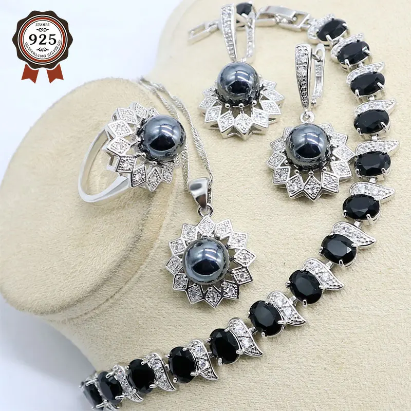 Наборы свадебных украшений серебряного цвета с натуральным черным жемчугом