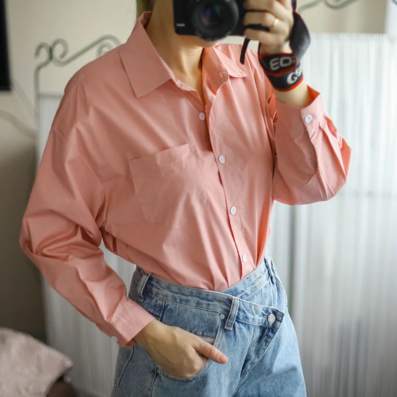 

2021 Spring Autumn Women White Pink Pockets Shirts Ladies Office Loose Split Chic Blouses Tops Korean BF Style Blusas New Mujer