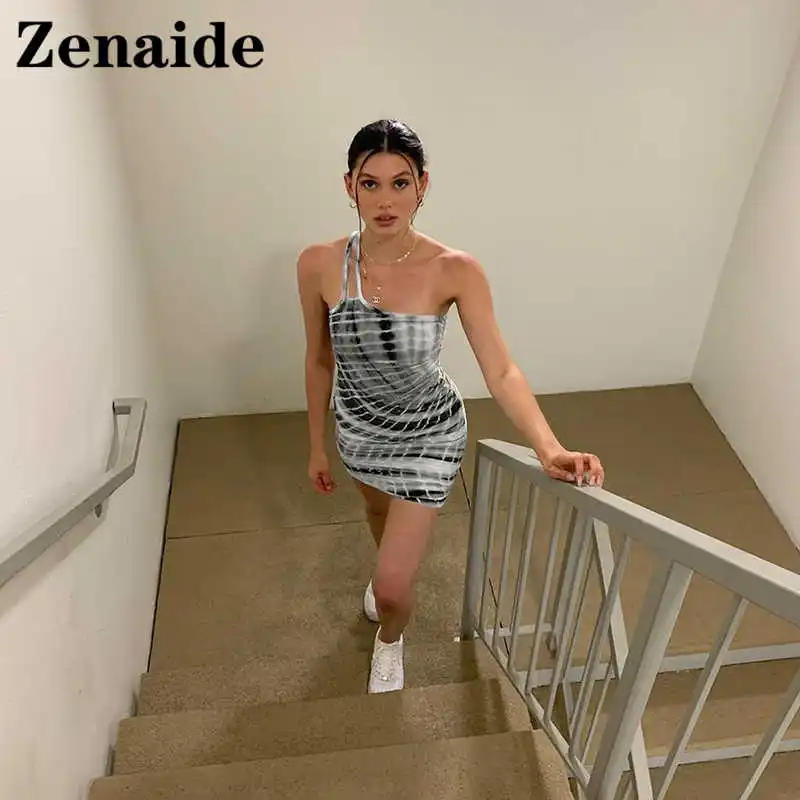 

Zenaide One Shoulder Print Mini Dress Women Black Bodycon Backless Sexy Sleeveless Casual Summer Dresses Beach Party Club Y2K