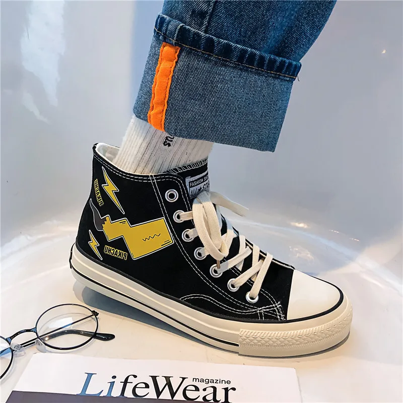 Кеды Pikachu мужские с молнией модные высокие кроссовки мультяшный рисунок черные |