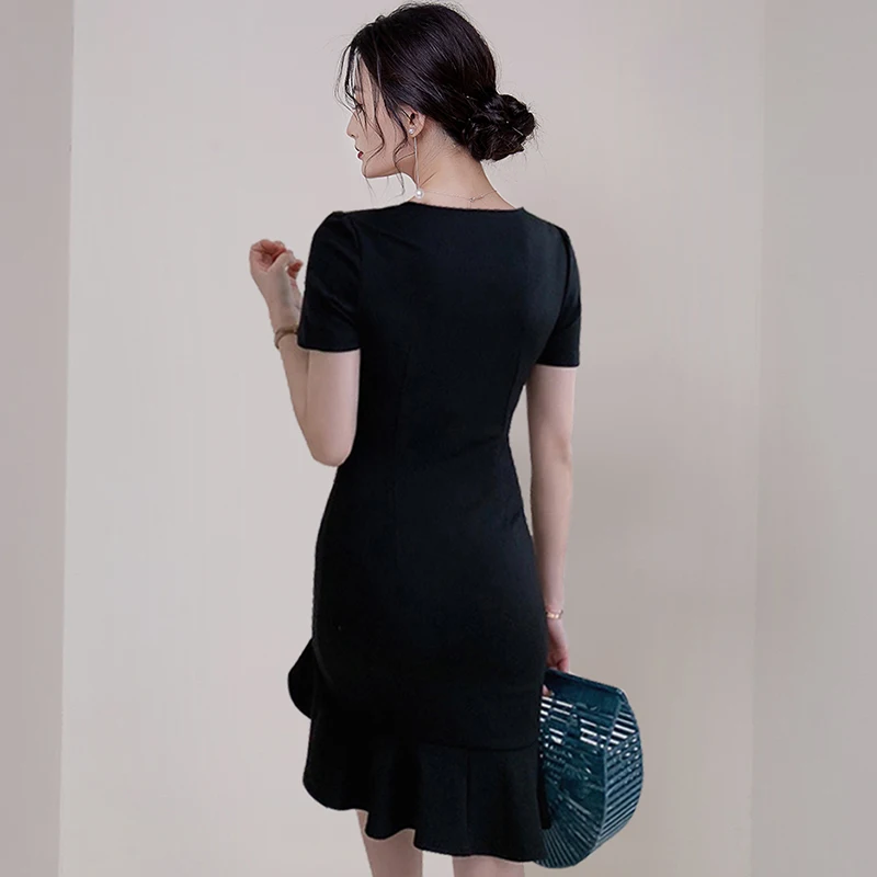 

COIGARSAM Office Lady Ruffles Women dress New Summer Dresses Black 974