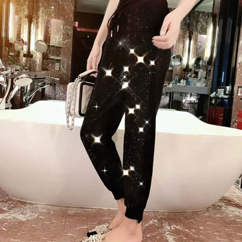 Early Autumn New Heavy Industry Hot Drilling Beam Foot Casual Pant Wei Pants Women Fashion Casual Wild Loose Pants Tide 225