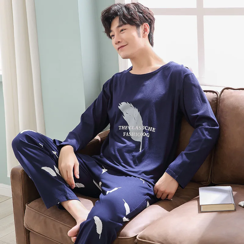 Student Youth Cotton Boys Pajamas Long-Sleeved Pullover Men Home Clothes Silk Sleepwear Set men's homewear home suit | Мужская