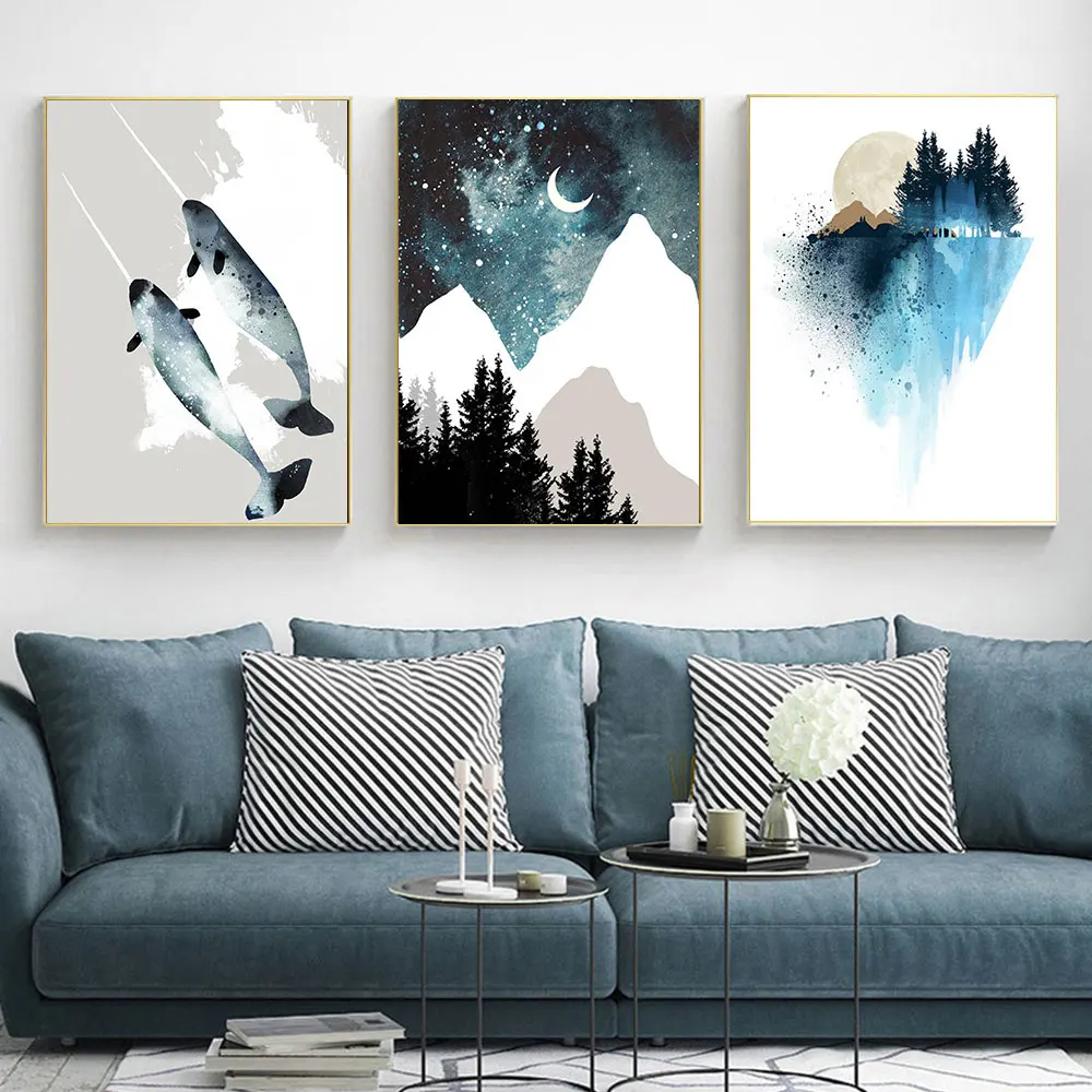

Abstract Blue Mountain Poster watercolor Canvas Painting Nordic Wall Art Print landscape Morden Picture For Living Room Decor