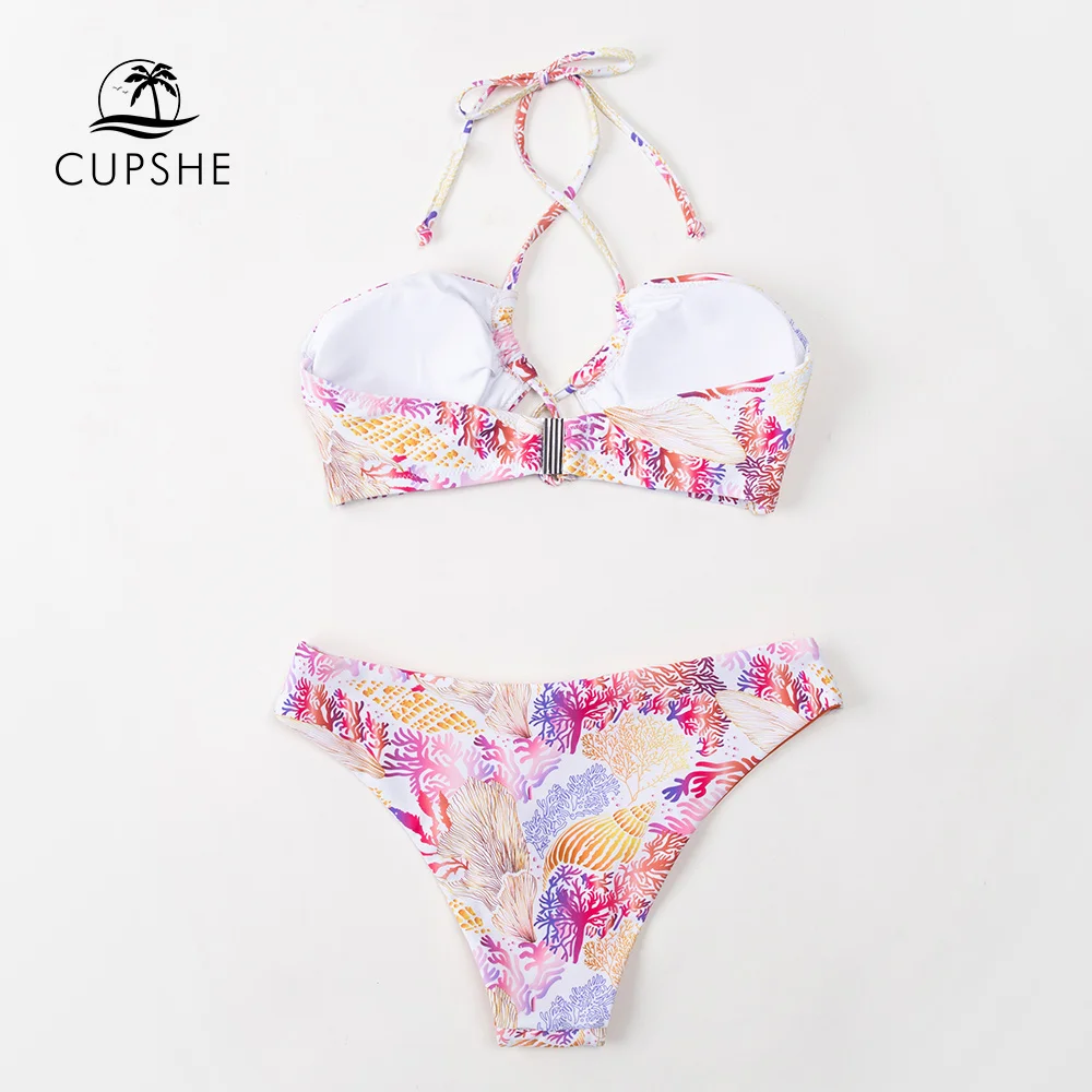 CUPSHE Coral Print Halter Low Waist Bikini Sets Swimsuit For Women Sexy Reversible Bottom Two Pieces Swimwear 2022 Bathing Suit | Спорт и