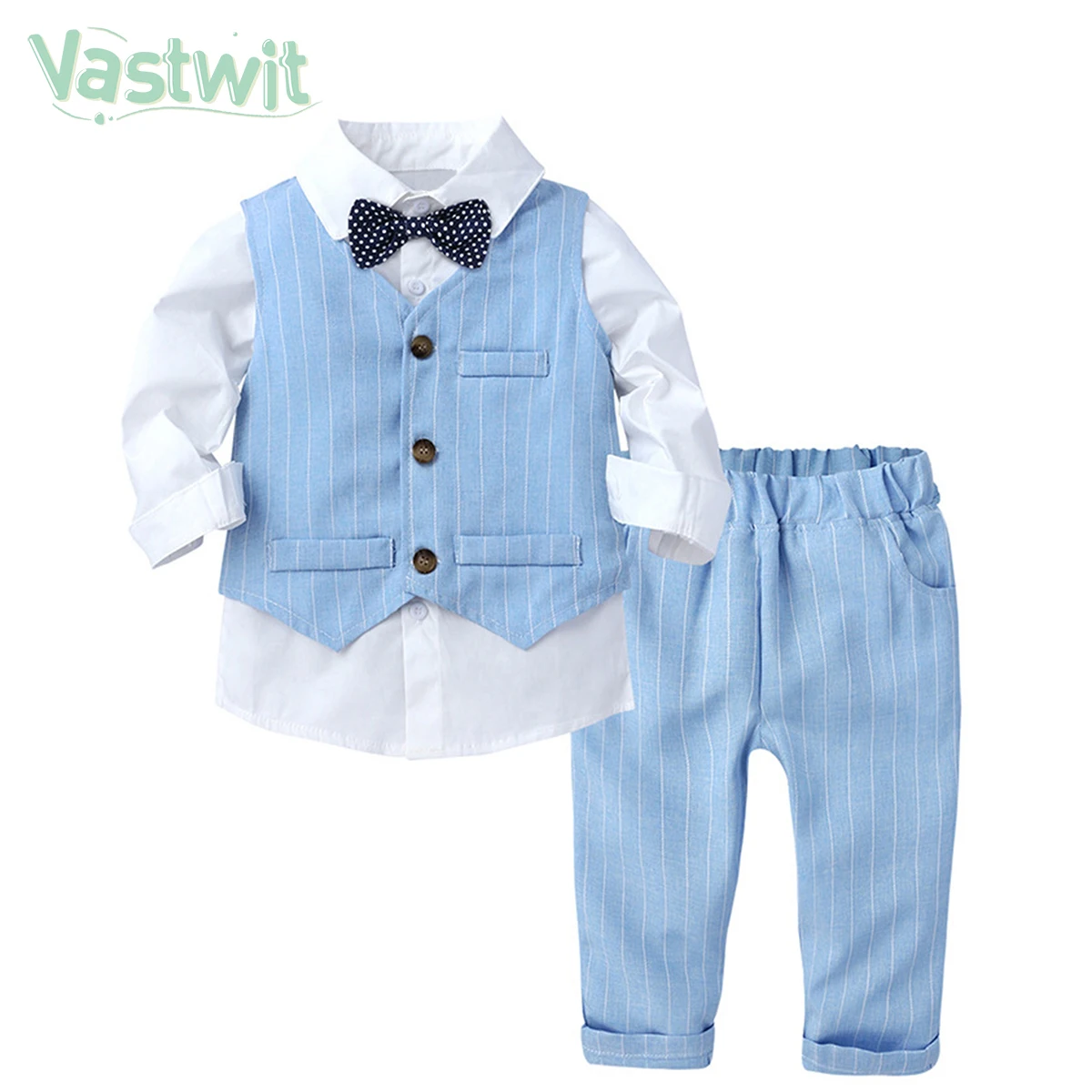 

Нарядные Костюмы для маленьких мальчиков белая рубашка с галстуком-бабочкой + полосатый жилет + штаны наряды для крещения на свадьбу