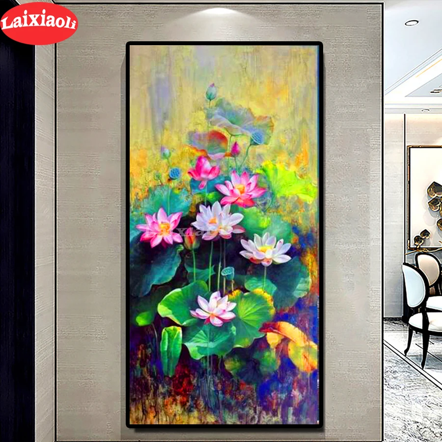 

5d diy Diamond Painting watercolor lotus diamond Embroidery full round Mosaic Diamond cross stitch large Entrance decoration art