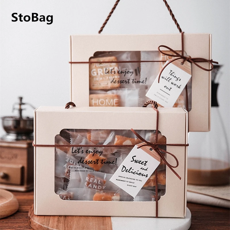 

StoBag 5pcs 22x15x5cm Enjoy Handle Paper Box With Window Biscuit Baking Caramel Cookies Packaging Wedding Birthday Party Gift