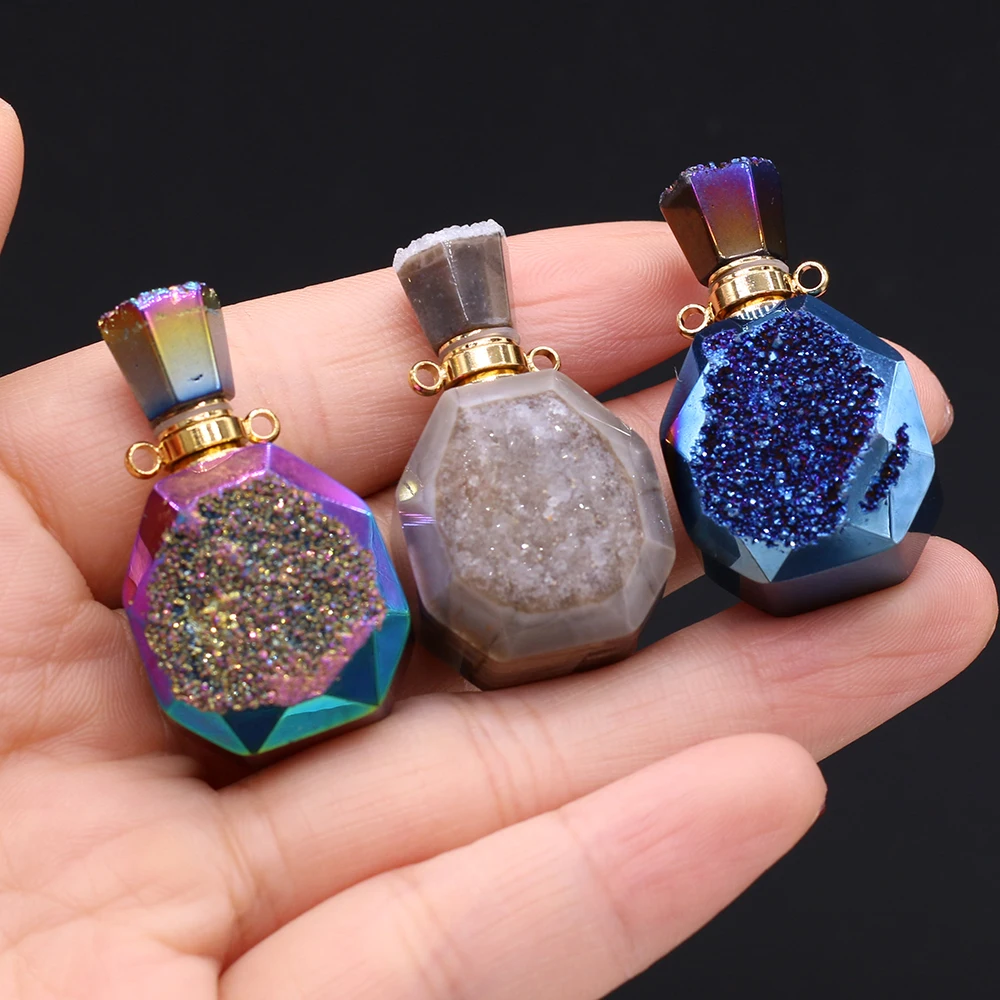 

Natural Druzy Perfume Bottle Pendants Essential oil Diffuser Vial Charms for Jewelry Making Women Necklace Reiki Heal Gifts
