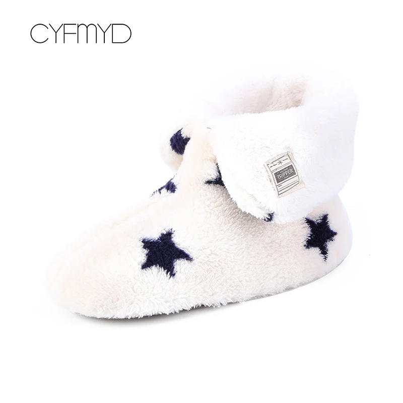 White star Женские зимние теплые домашние меховые тапочки для девочек; Короткие Плюшевые Нескользящие домашние тапочки в полоску - Цвет: White star