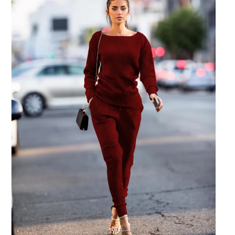 

Women's leisure round neck knitted tight middle waist sports suit 2-piece suit yoga exercise suit outdoor running fitness suit