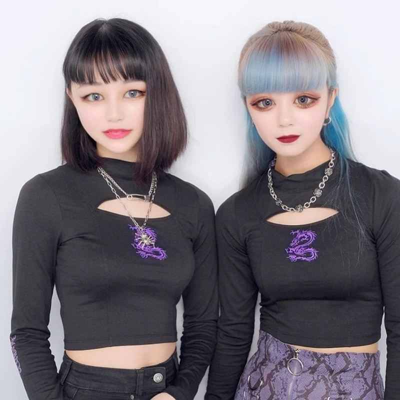 Женская футболка Goth черная с длинным рукавом и принтом в виде Драконов | одежда