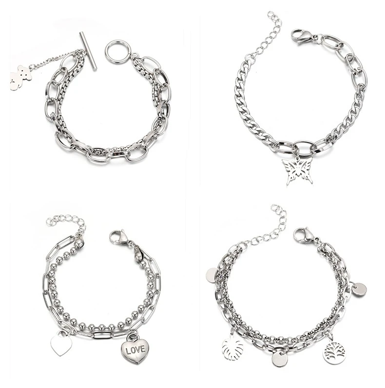 

2021 New Fashion Trend Double-layer Stainless Steel Chain Bracelet Personalized Love Letter Bear Pendant Jewelry Women's Gifts
