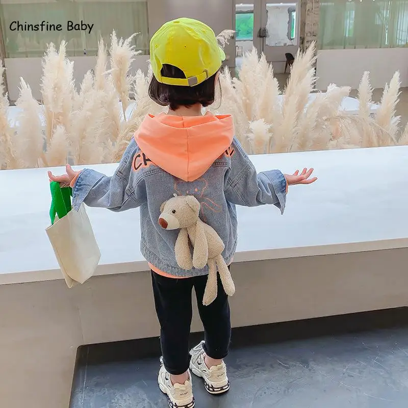 

Girls Cartoon Suit Autumn 2020 New Letter Sweater + Bear Back Denim Jacket Children's Wear