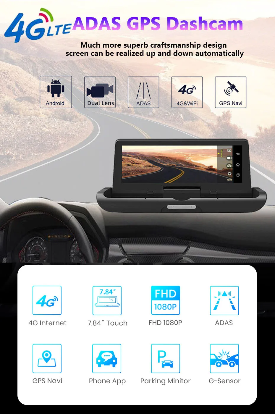 Автомобильный видеорегистратор WHEXUNE 8 дюймов, 4G, Android, Full HD, 1080 P, автомобильная камера, gps навигатор, ADAS, двойной объектив, ночное видение, Автомобильный видеорегистратор, видеорегистратор