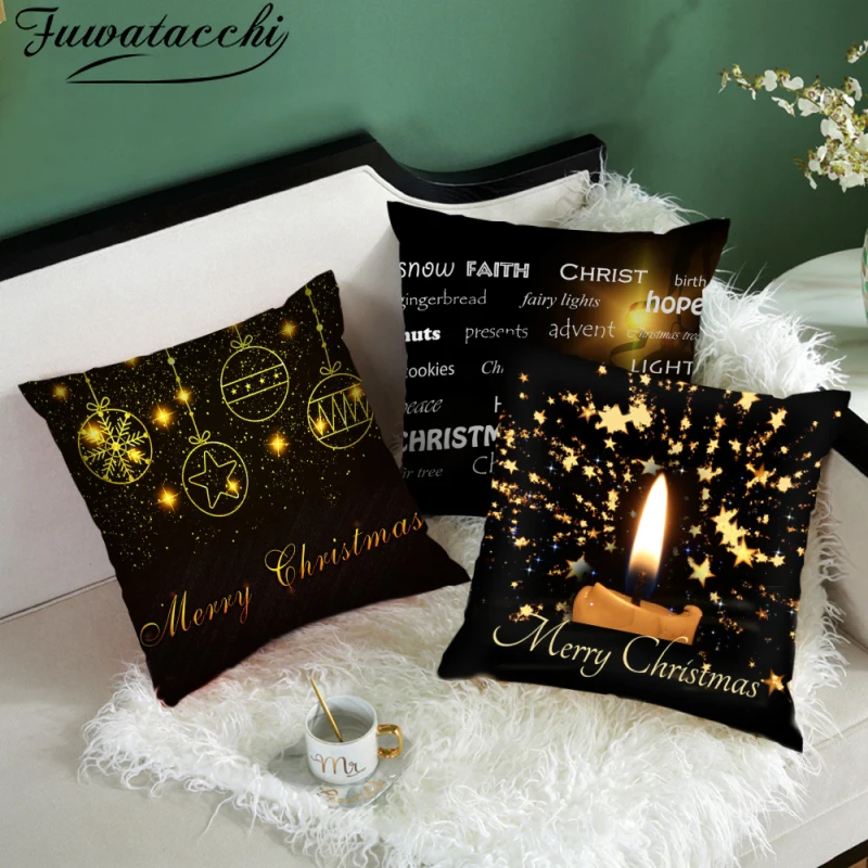 

Fuwatacchi Black Xmas Printed Cushion Cover Christmas Tree Bell Photo Pillow Cover For Home Sofa Car Decorative Pillowcases Gift