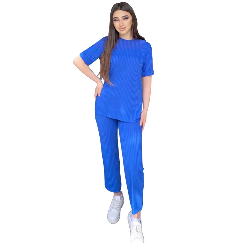 

Donsignet Fashion Women's Suit Summer Casual Round Neck Pullover Pure Color Blue Pit Strip Home Sports Two-piece Suit