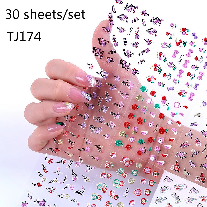 30 листов/Набор 3D наклейки для ногтей случайные красочные с черными и белыми