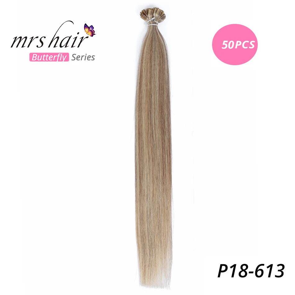 MRSHAIR предварительно скрепленные плоские волосы для наращивания 1" 18" Искусственные волосы одинаковой направленности прямые капсулы жидкий кератин волосы - Цвет: KFTP18-613-50
