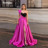 verngo elegant a line hot pink satin evening dresses one shoulder black lace top side slit 2021 prom dress special formal gown