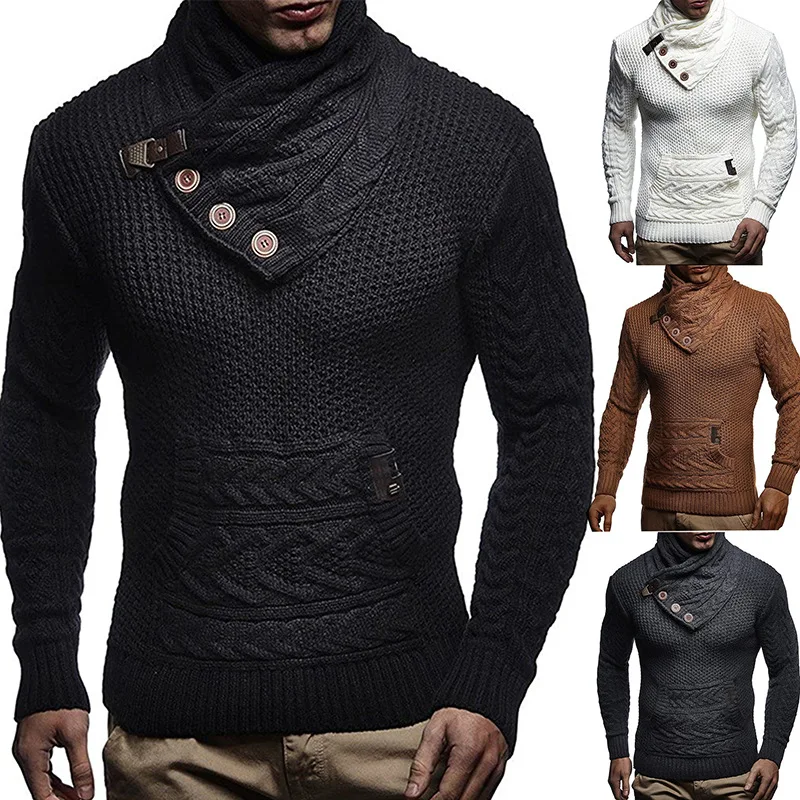 Autumn and winter 2021 European and American men's sweater solid color button high neck sweater large men's wear
