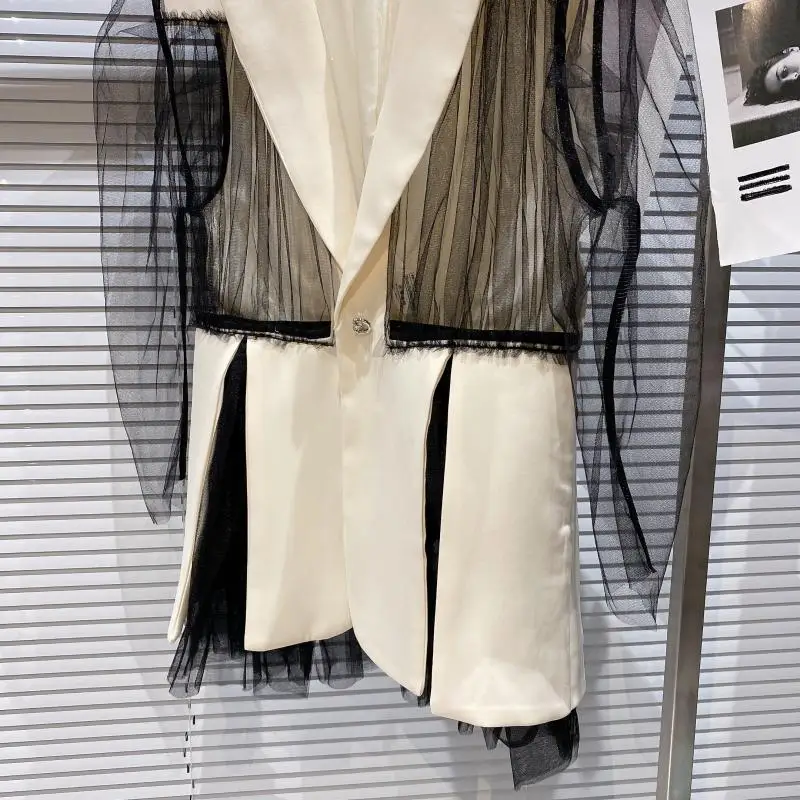 

2021 Summer Women Blazer New Mesh Sleeves Stitching Design Temperament Slim Waist Suit Jacket Ladies Patchwork Elegant Coat