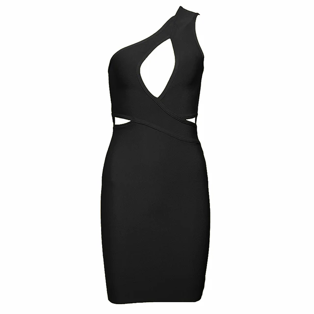 Amily.c Summer New High Quality Sexy Shoulder Mini Yellow Hollow Bandage Dress Club Designer Fashion Party Dress Wholesale - Color: Black