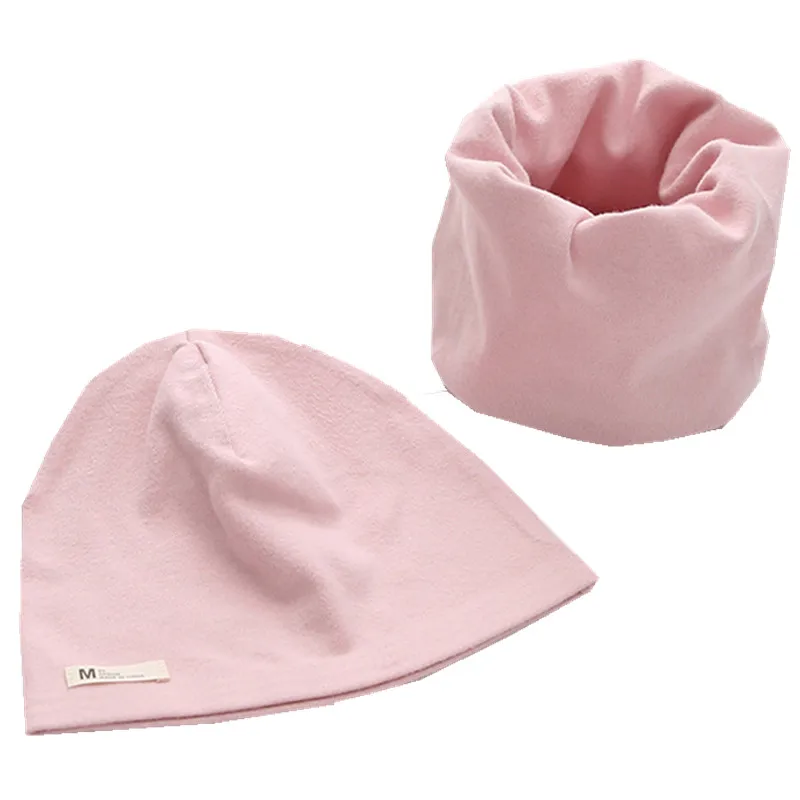 pink hat scarf Модный комплект с шапочкой для девочек, однотонный детский головной убор, весенние теплые детские шапочки с воротником для мальчиков, хлопковые детские шапки, шарф - Цвет: pink hat scarf