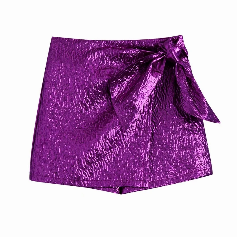 

Women Skort With Bow Spring 2022 New Fashion Shiny Material Bottom Clothing Female Casual Shorts Skirts