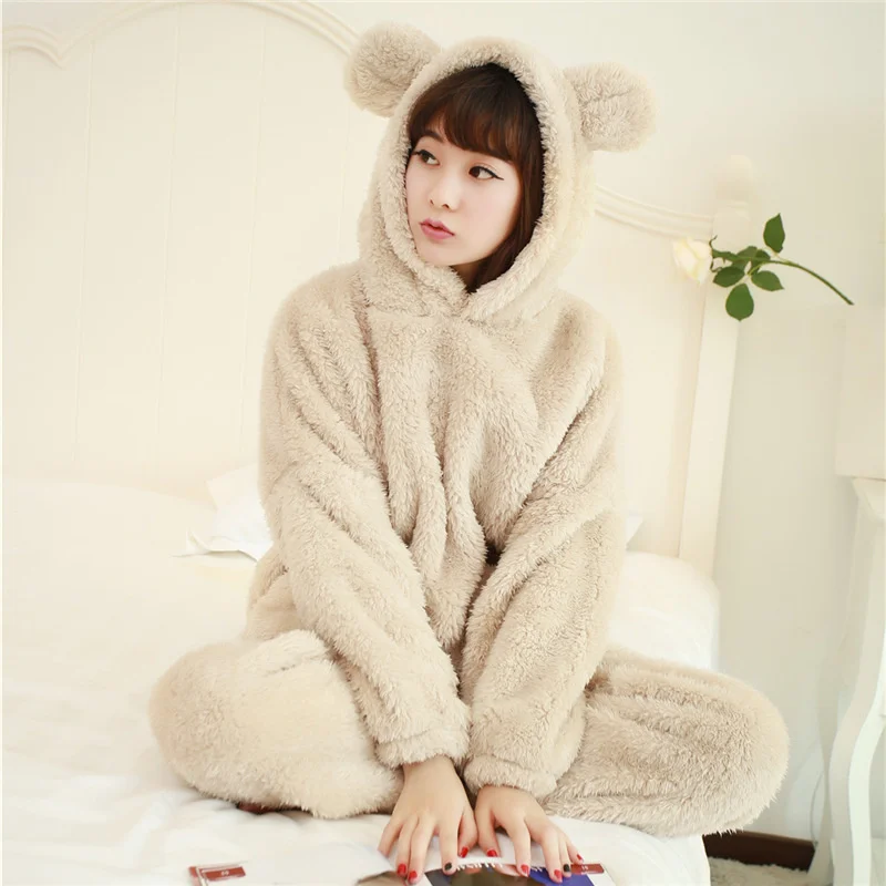 Autumn And Winter Long Sleeve Plush Black Bear Hooded Pajamas Winter Cashmere Women's Thickened Home Clothes Flannel Suit