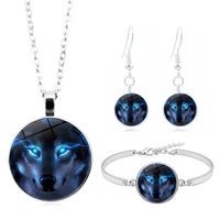 nordic wiccan wolf cabochon glass pendant necklace bracelet bangle earrings jewelry set totally 4pcs for womens fashion jewelry