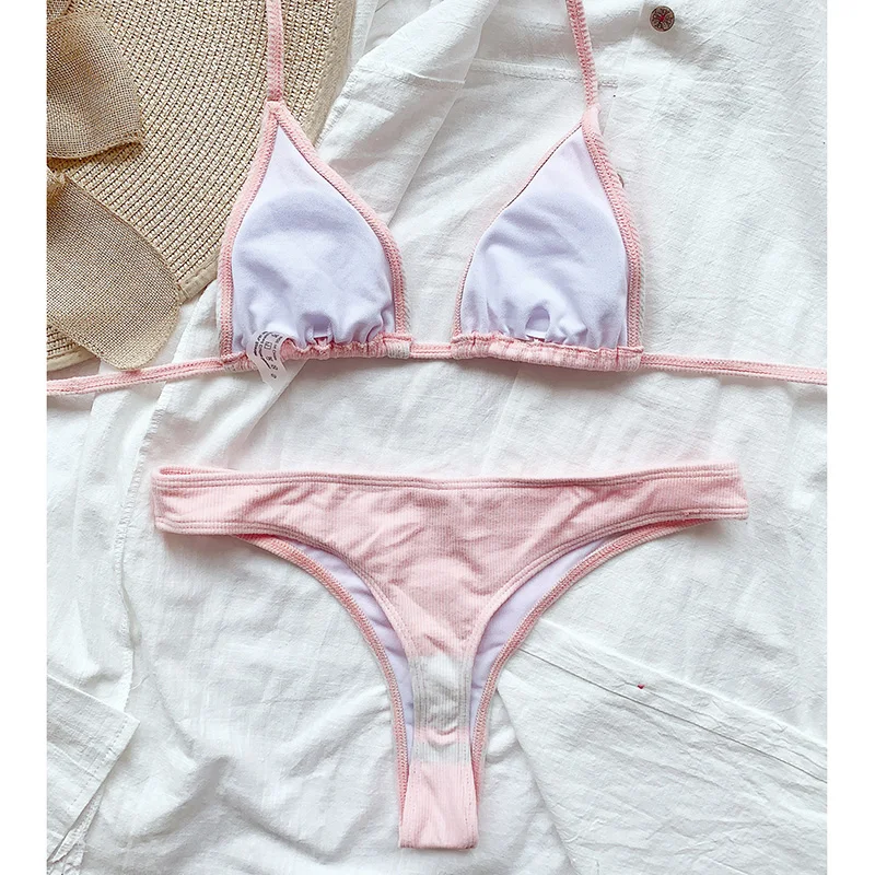 

Rivertrip High Waist Bikinis Sexy Women's Swimsuits Strap Halter Swimwear Push Up Biquini Patchwork Bathing Suits Pink Beachwear