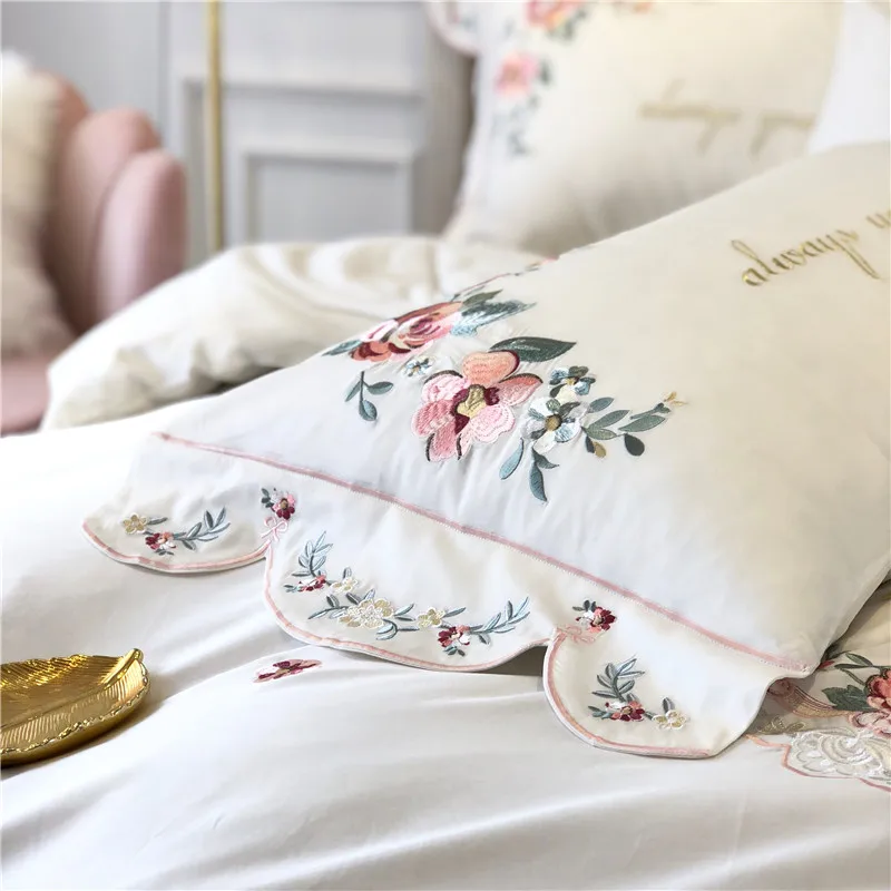 

Four Seasons White Pink 100S Egyptian Cotton Flowers Embroidery Girl Bedding Set Duvet Cover Bed Sheet Pillowcases Home Textiles