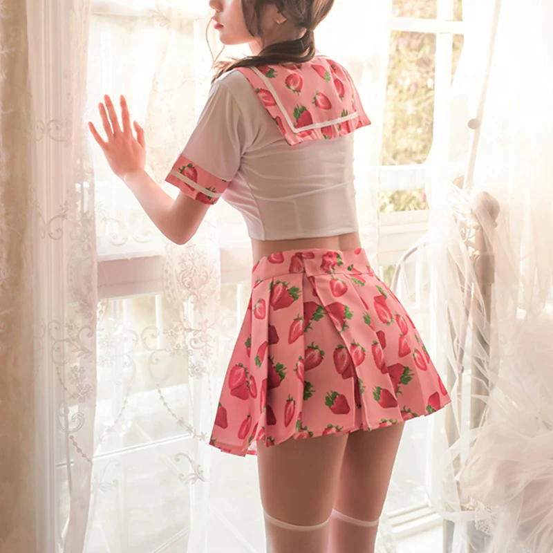 

Womens Student Uniform Plaid Mini Skirt Lolita Strawberry Printed Cosplay Costumes JK School Girl Uniform Kawaii Erotic Lingerie