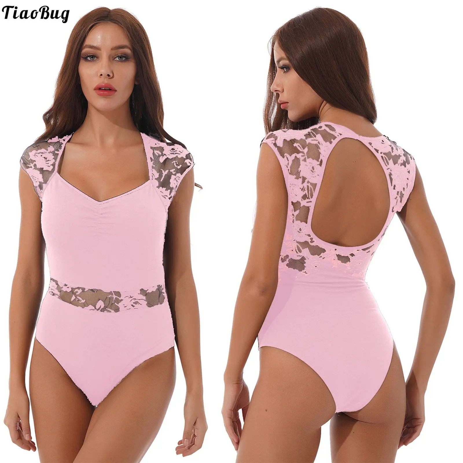 

TiaoBug Women See-Through Lace Patchwork Leotard V Neck Cap Sleeve Bodysuit For Dance Gymnastics Training Performance